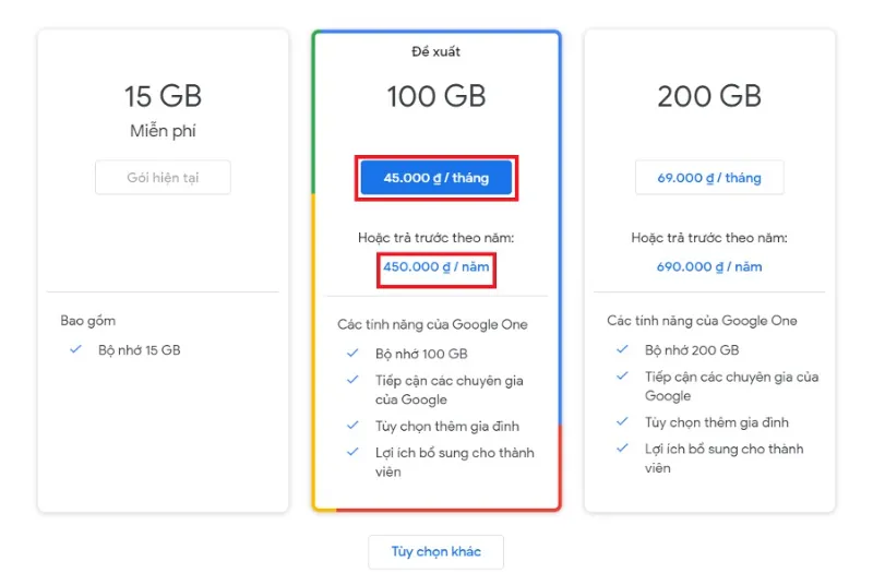 Các bước nâng cấp bộ nhớ Google One vô cùng đơn giản